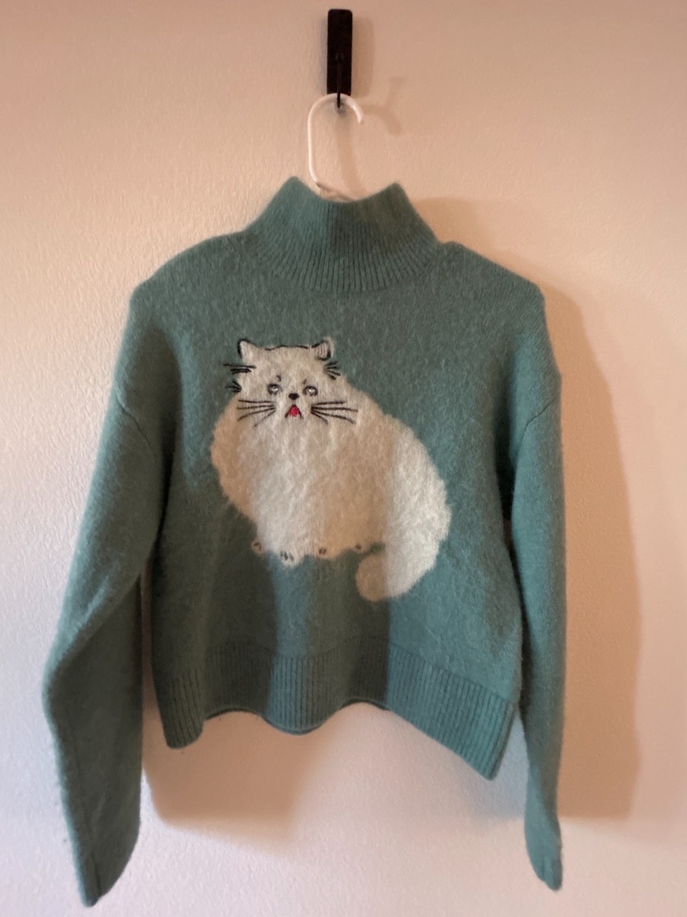 & Other Stories Green Jacquard Cat Motif Mock Neck Jumper Sweater